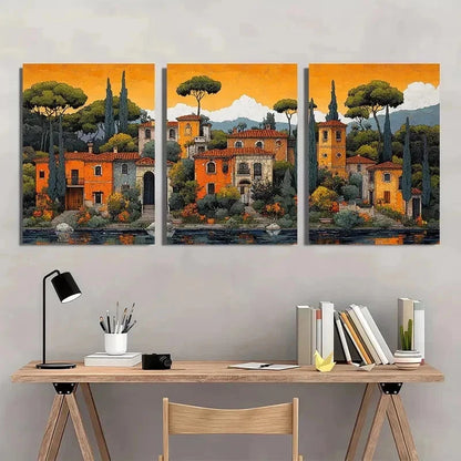 3pcs Whimsical Italian Landscape Pastel Perfect Wall Art Set Canvas Framed 40x60cm - High Quality Print 100% Australian Made Wall Canvas Ready to Hang
