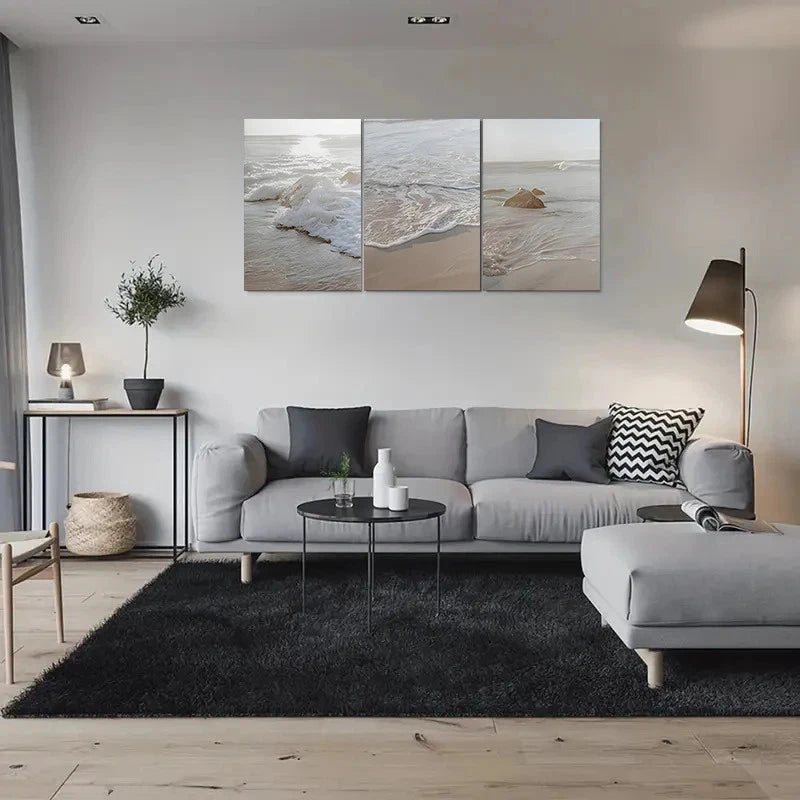 3pcs Coastal Ocean Scene with Sandy Shore & Wave Metal Print Ready to Hang Art