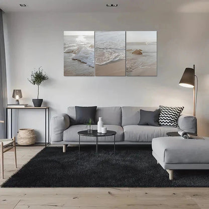 3pcs Coastal Ocean Scene with Sandy Shore & Wave Metal Print Ready to Hang Art