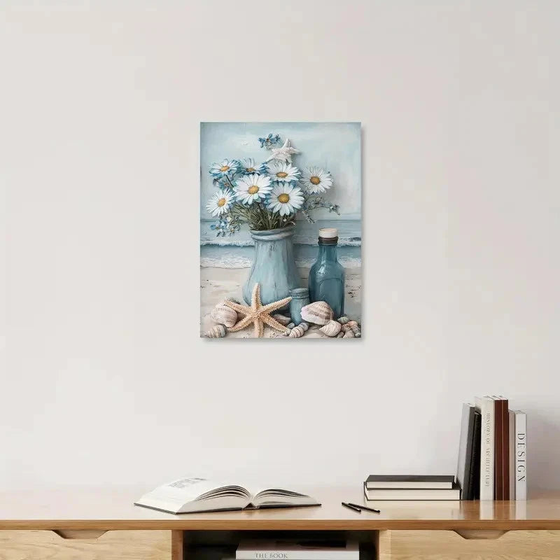 Decorative wall art with flowers and seashells on a shelf with books