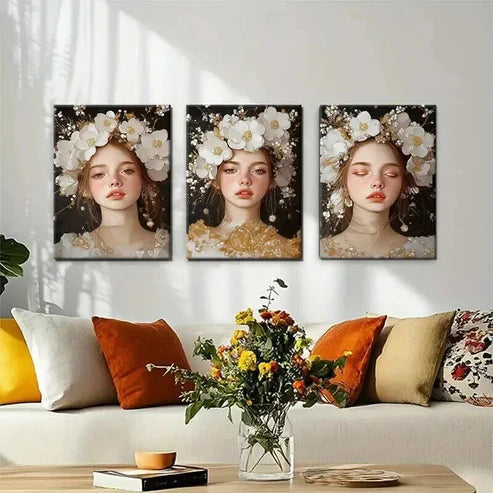 3pcs Woman in Floral Headpiece Dreamy Perfect Wall Art Set Canvas Unframed - High Quality Print 100% Australian Made Wall Canvas