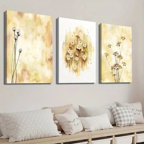 3pcs Botanical Wildflowers Beige Mustard Ochre Wall Art Set Canvas Unframed - High Quality Print 100% Australian Made Wall Canvas