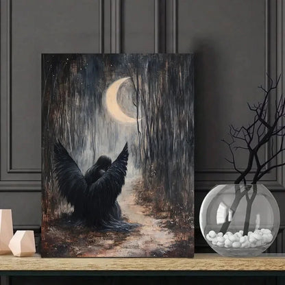 Angel With Black Wings In the Woods Under Crescent 40x60cm Metal Print Ready to Hang