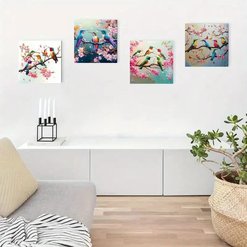 4pcs Vibrant Hummingbirds With Cherry Blossoms Wall Art Canvas Framed