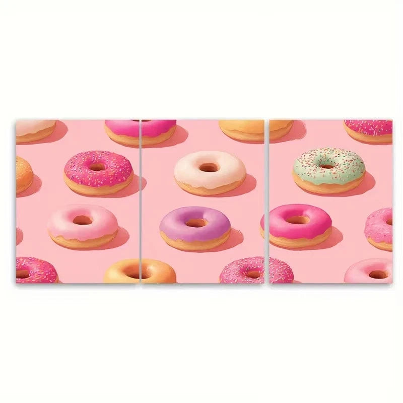 3pcs Pink Donut Kitchen Retro Breakfast Wall Art Set Canvas Framed 50x70cm - High Quality Print 100% Australian Made Wall Canvas Ready to Hang
