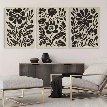 3pcs Black, White & Beige Floral Abstract  Wall Art Set Canvas Framed 60x90cm - High Quality Print 100% Australian Made Wall Canvas Ready to Hang