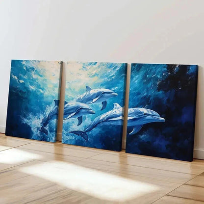 3pcs Sea Life Dolphins in Ocean Landscape Wall Art Set Canvas Framed 40x60cm - High Quality Print 100% Australian Made Wall Canvas Ready to Hang