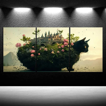 3pcs Landscape and Cats Colourful Flowers Metal Print Ready to Hang Art