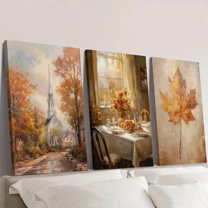 3pcs Autumn Leaves Town Landscape & Dinner Wall Art Set Canvas Framed 40x60cm - High Quality Print 100% Australian Made Wall Canvas Ready to Hang