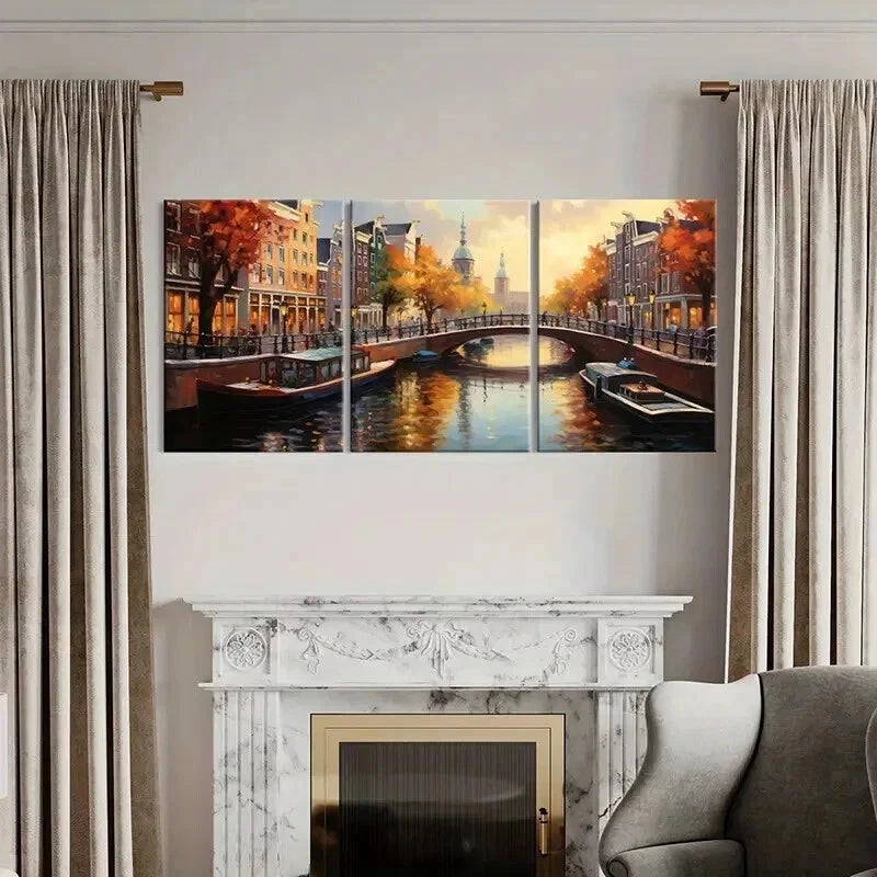 3pcs Autumn Canal Bridge Architecture Wall Art Set Canvas Framed 40x60cm - High Quality Print 100% Australian Made Wall Canvas Ready to Hang