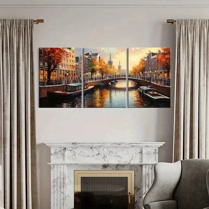 3pcs Autumn Canal Bridge Architecture Wall Art Set Canvas Framed 40x60cm - High Quality Print 100% Australian Made Wall Canvas Ready to Hang