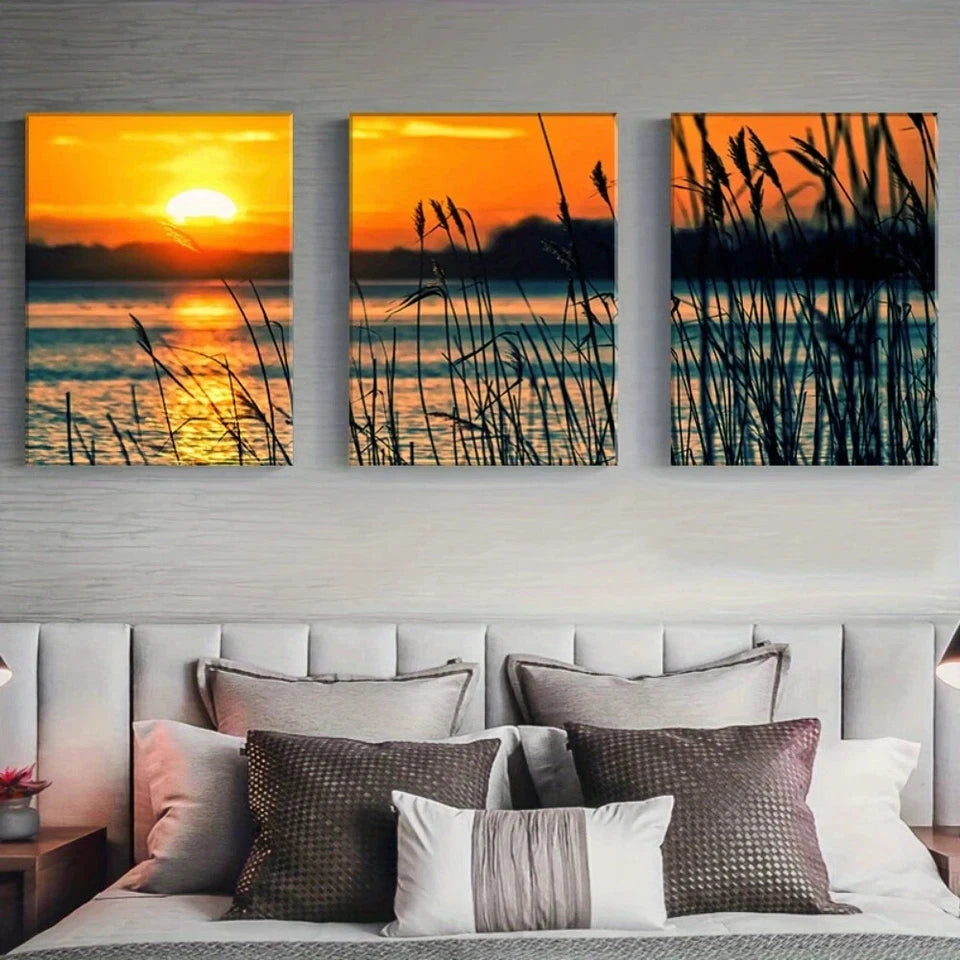 3pcs Lake View Sunset Grasses Metal Print Ready to Hang Art