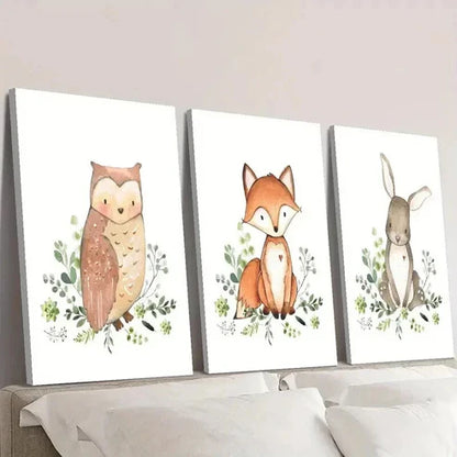 3pcs Cute Owl Fox and Rabbit Decoration  Wall Art Set Canvas Unframed - High Quality Print 100% Australian Made Wall Canvas