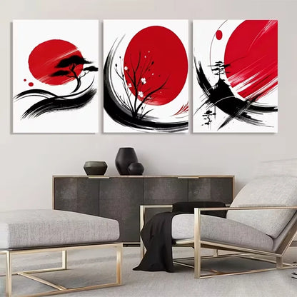 3pcs Three Sets of Japanese Ink Painting Red  Wall Art Set Canvas Framed 60x90cm - High Quality Print 100% Australian Made Wall Canvas Ready to Hang