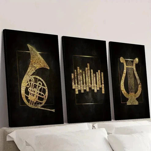 3pcs Golden Music Logos on Black Background Wall Art Canvas Unframed - High Quality Print 100% Australian Made Wall Canvas