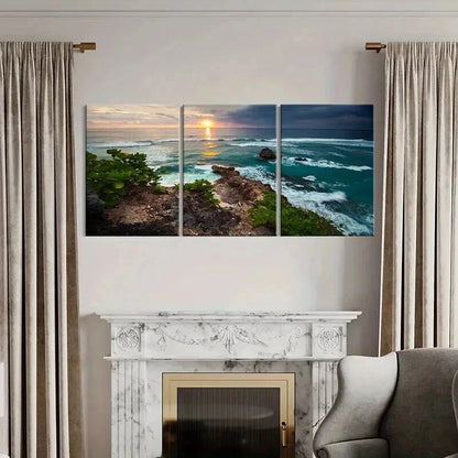 3pcs Sunset Coastline Ocean Waves & Rocky Shore Wall Art Set Canvas Framed 40x60cm - High Quality Print 100% Australian Made Wall Canvas Ready to Hang