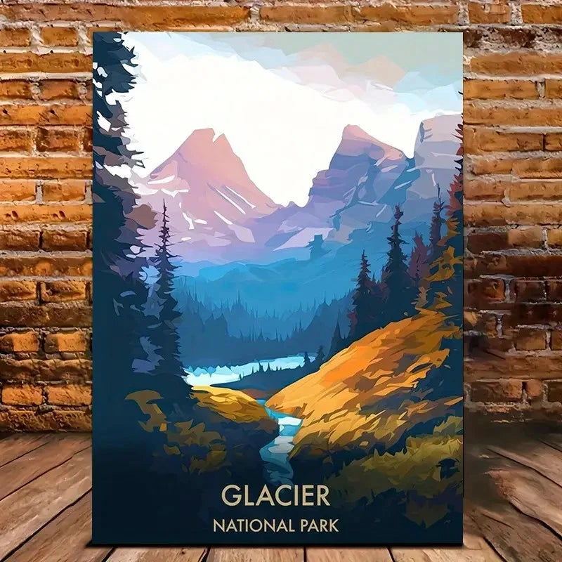 Glacier National Park Vibrant Mountain, Lake Travel Poster Print Wall Art