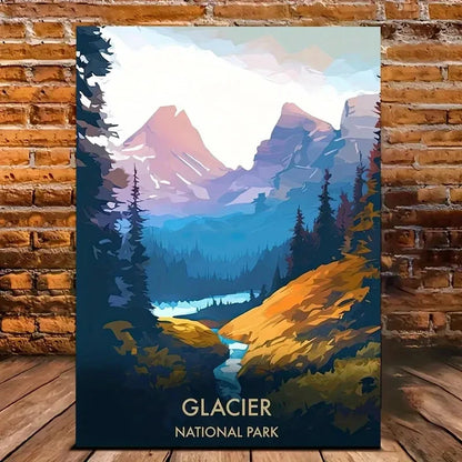 Glacier National Park Vibrant Mountain, Lake Travel Poster Print Wall Art