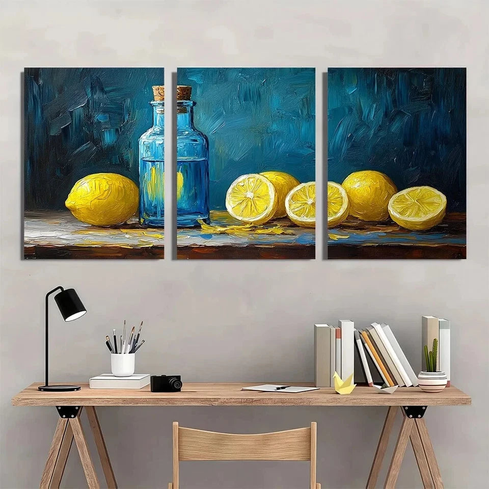 3pcs Blue and White Bottle with Lemons Metal Print Ready to Hang Art