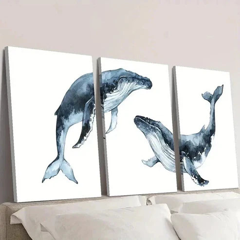 3pcs Blue Nautical Marine Life Whale Decor Wall Art Set Canvas Unframed - High Quality Print 100% Australian Made Wall Canvas