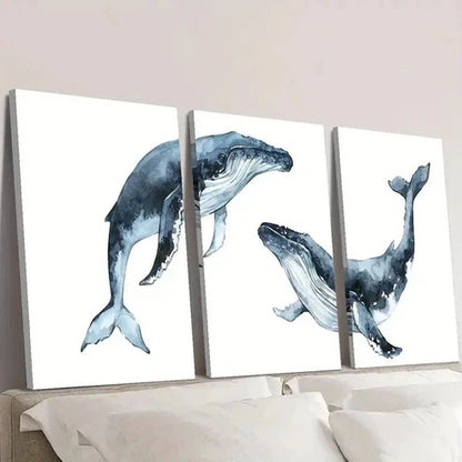 3pcs Blue Nautical Marine Life Whale Decor Wall Art Set Canvas Unframed - High Quality Print 100% Australian Made Wall Canvas