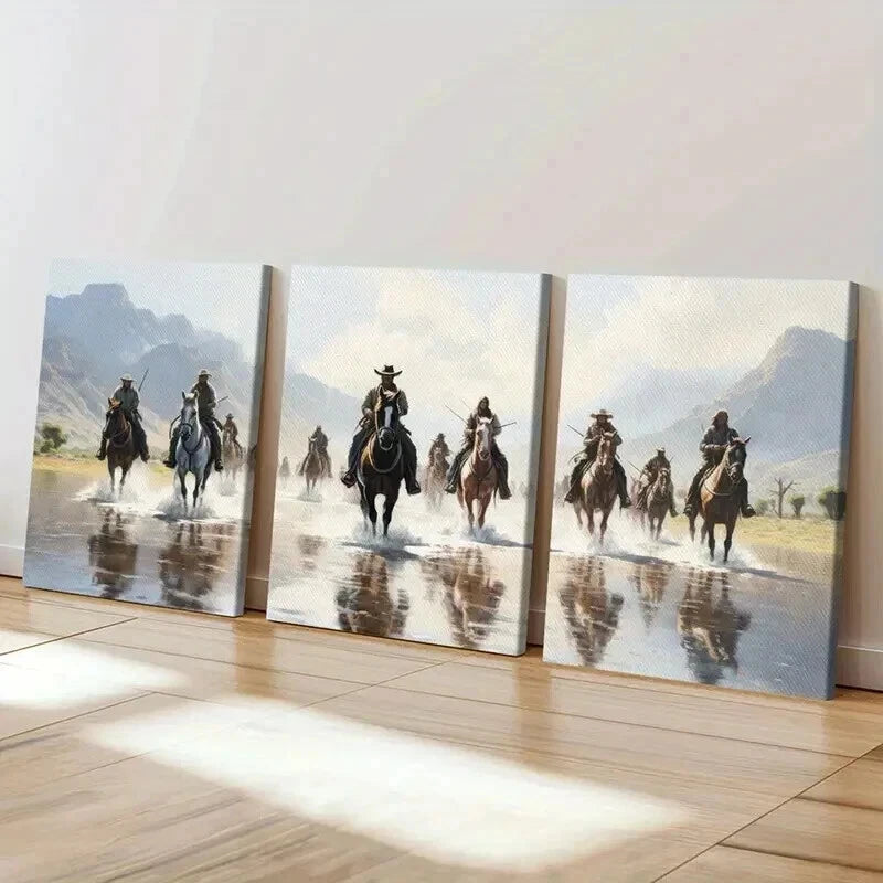 3pcs Western American Cowboys Riding Horses Wall Art Set Canvas Framed 40x60cm - High Quality Print 100% Australian Made Wall Canvas Ready to Hang