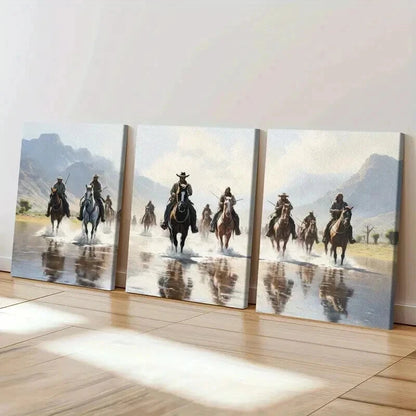 3pcs Western American Cowboys Riding Horses Wall Art Set Canvas Framed 40x60cm - High Quality Print 100% Australian Made Wall Canvas Ready to Hang