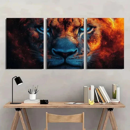 3pcs Lion with Fiery Orange & Blue Hues Wall Art Canvas Unframed - High Quality Print 100% Australian Made Wall Canvas