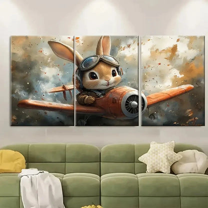 3pcs Cartoon Pilot Bunny Rabbit Plane Watercolour Metal Print Ready to Hang Art