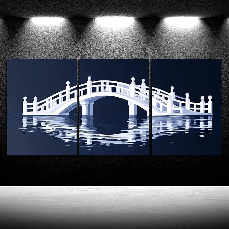 3pcs Arch Bridge Reflection Blue Themed Metal Print Ready to Hang Art