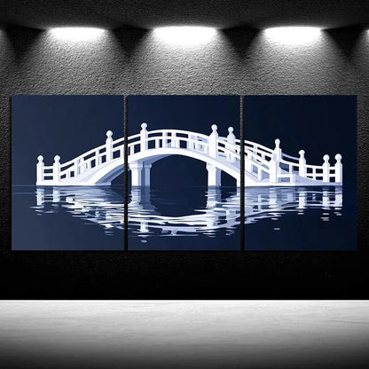 3pcs Arch Bridge Reflection Blue Themed Metal Print Ready to Hang Art