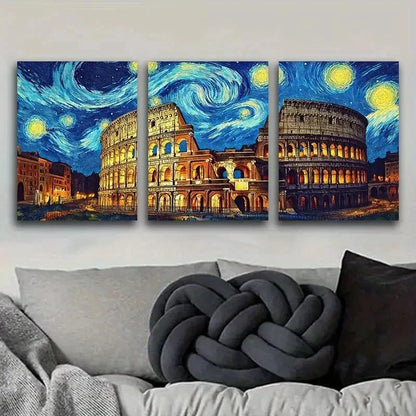 3pcs Starry Night Colosseum Waterproof Perfect Wall Art Set Canvas Framed 40x60cm - High Quality Print 100% Australian Made Wall Canvas Ready to Hang