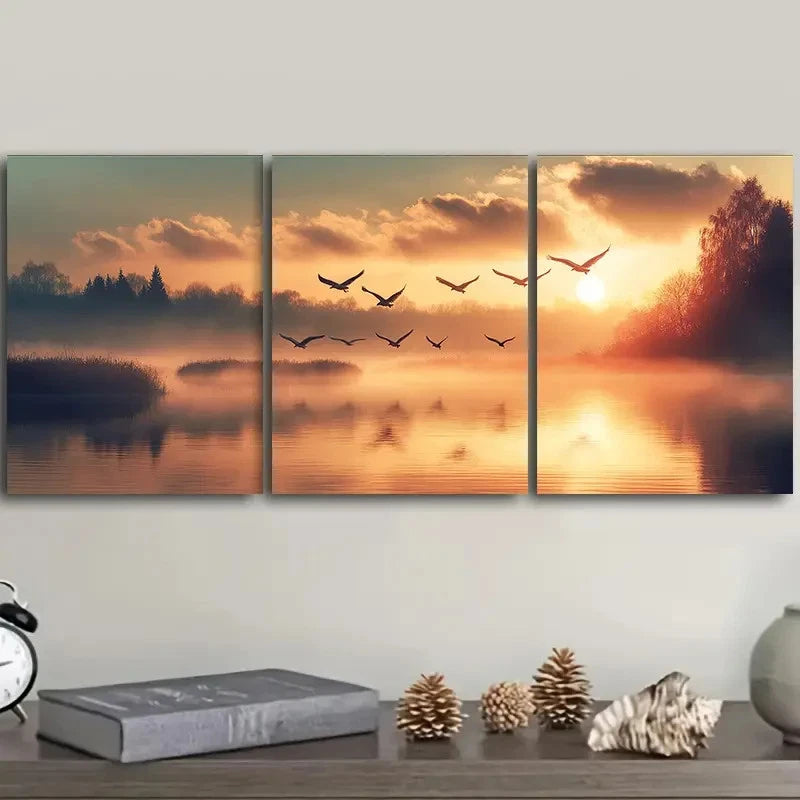 3pcs Birds Flying Over a Lake at Sunset Wall Art Set Canvas Framed 50x70cm - High Quality Print 100% Australian Made Wall Canvas Ready to Hang