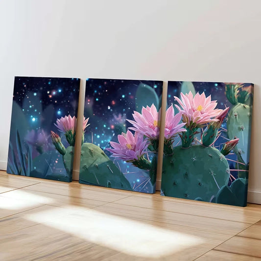 3pcs Cactus Bloom, Desert Flora, Pink Flowers Wall Art Set Canvas Framed 60x90cm - High Quality Print 100% Australian Made Wall Canvas Ready to Hang