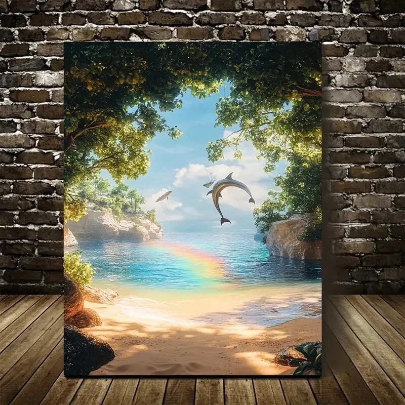Steampunk Dolphin Swing Beach Scene Painting 40x60cm Metal Print Ready to Hang