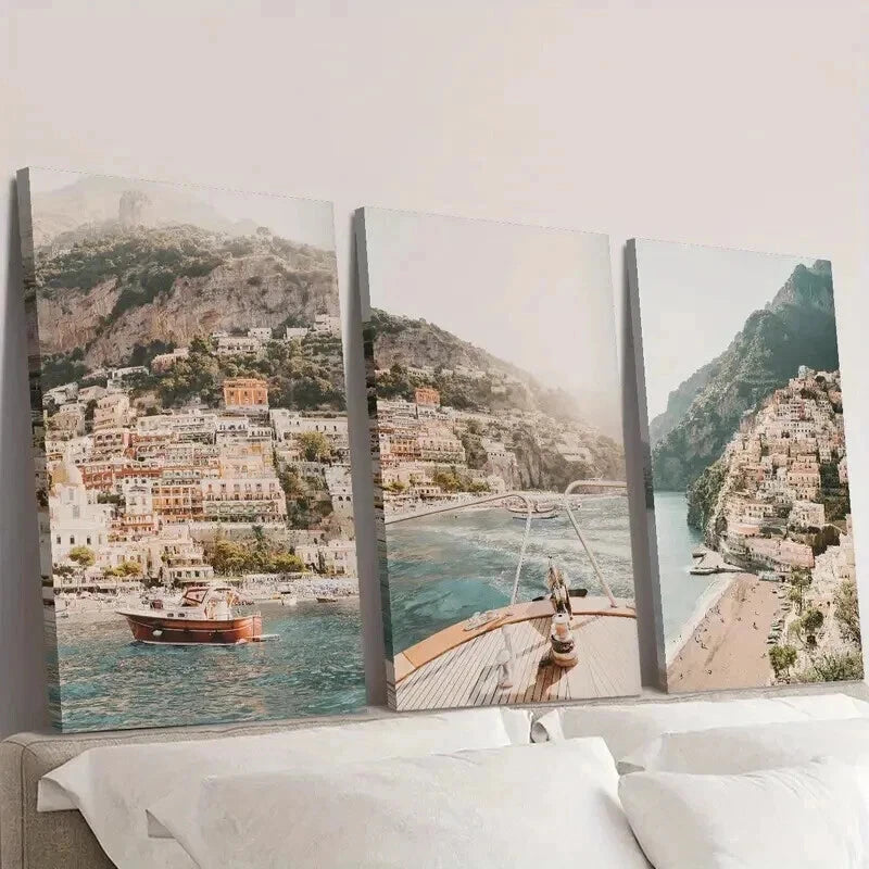 3pcs Italy Coast Beach City Landscape Wall Art Set Canvas Framed 40x60cm - High Quality Print 100% Australian Made Wall Canvas Ready to Hang