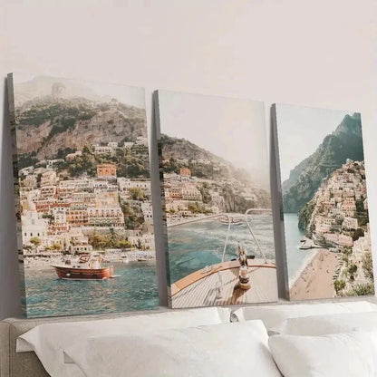 3pcs Italy Coast Beach City Landscape Wall Art Set Canvas Framed 40x60cm - High Quality Print 100% Australian Made Wall Canvas Ready to Hang