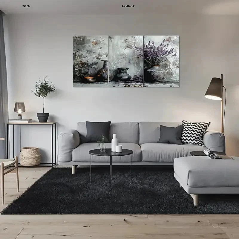 3pcs Rustic Vase with Lavender Flower Metal Print Ready to Hang Art