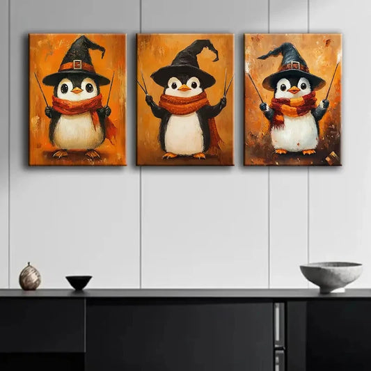 3pcs Fantasy Penguin Witch Hat Painting Metal Print Ready to Hang Art