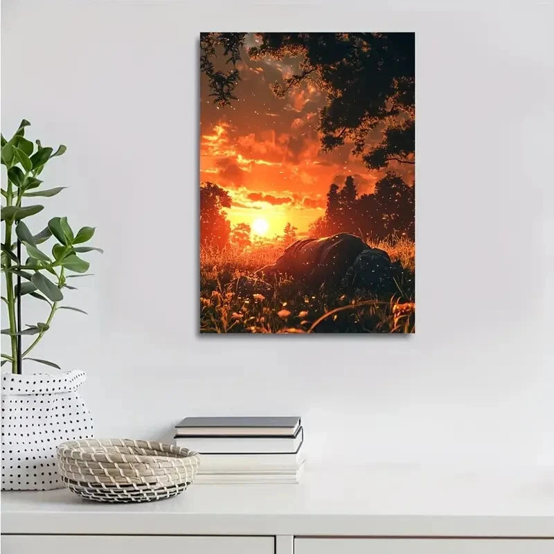 Vibrant Sunset Scene with Elephant Rolling Painting 40x60cm Metal Print Ready to Hang