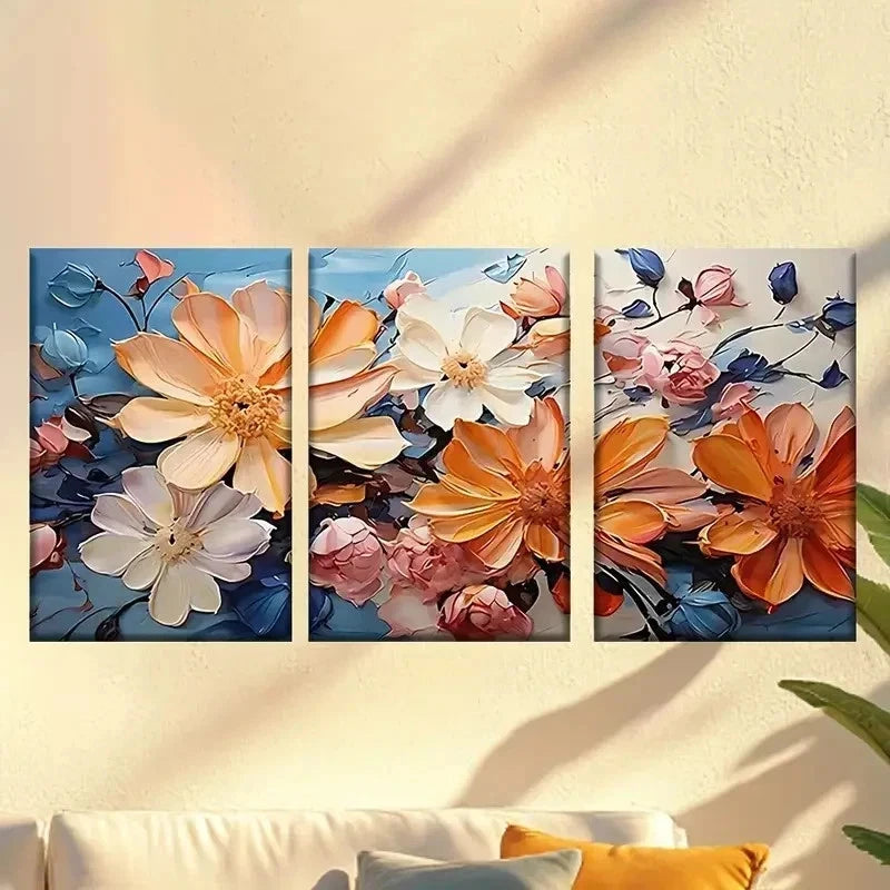 3pcs  painting of flowers on a blue background Wall Art Set Canvas Framed 40x60cm - High Quality Print 100% Australian Made Wall Canvas Ready to Hang