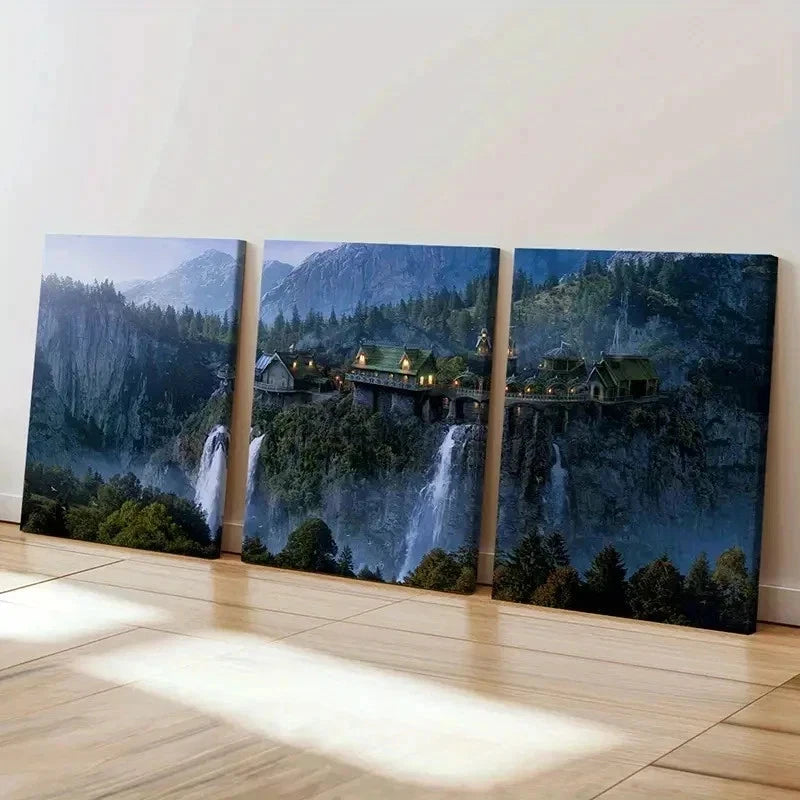 3pcs Middle-Earth Ring Castle Valley Retro Wall Art Set Canvas Framed 40x60cm - High Quality Print 100% Australian Made Wall Canvas Ready to Hang