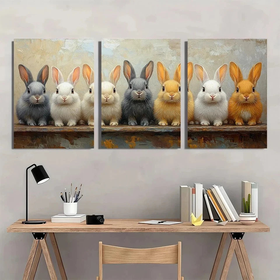 3pcs Chic Rabbit Group Animal Themed Metal Print Ready to Hang Art
