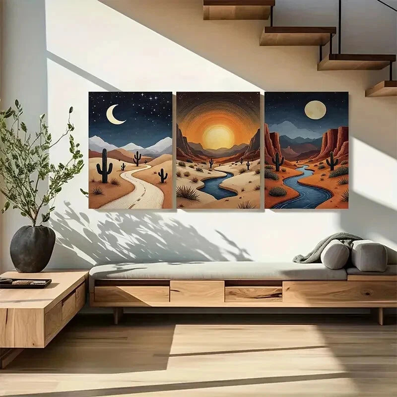 3pcs Night Skies River and Moon Boho Earth Tone Metal Print Ready to Hang Art