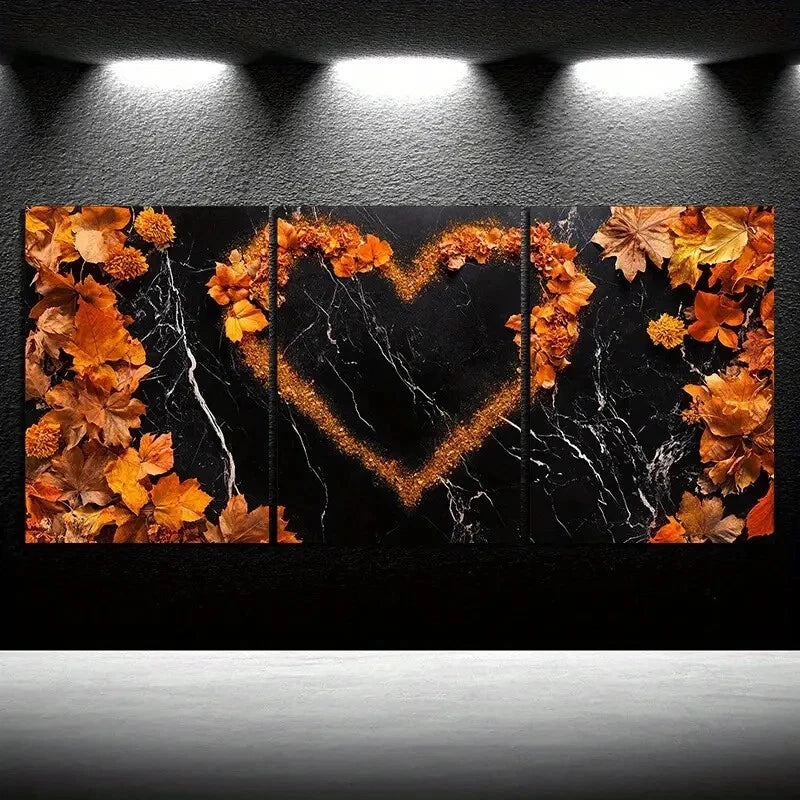 3pcs Love Made of Leaves Black & Golden Metal Print Ready to Hang Art
