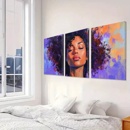 3pcs Vibrant Purple Hair & Expressive Face Wall Art Set Canvas Framed 60x90cm - High Quality Print 100% Australian Made Wall Canvas Ready to Hang