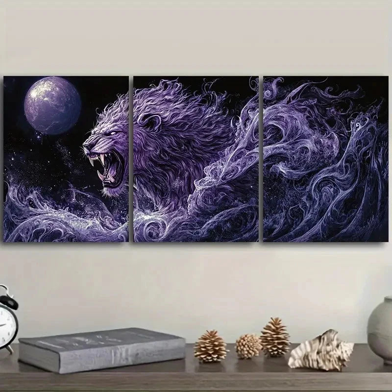 3pcs Dark fantasy art style Lion Wall Art Set Canvas Framed 50x70cm - High Quality Print 100% Australian Made Wall Canvas Ready to Hang