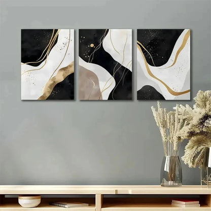 3pcs Black White Golden Abstract Prints Wall Art Set Canvas Framed 40x60cm - High Quality Print 100% Australian Made Wall Canvas Ready to Hang