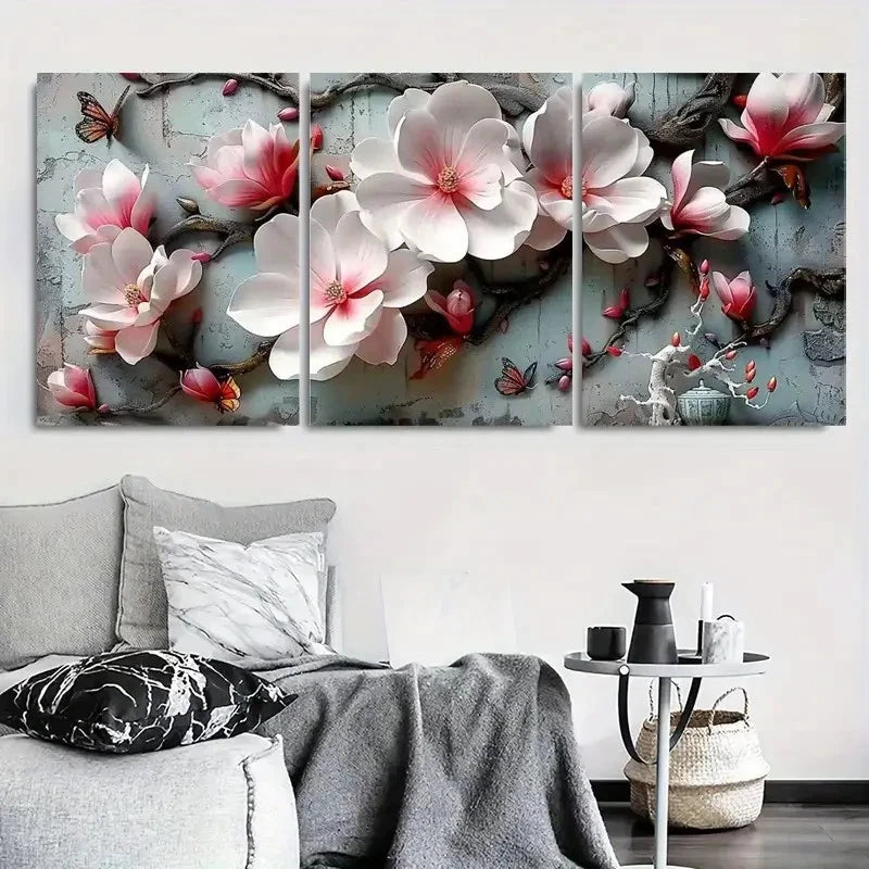 3pcs Pink and White Flowers with Butterflies Metal Print Ready to Hang Art