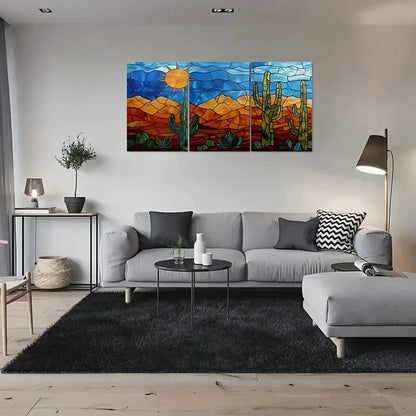 3pcs Vibrant Sun Cacti & Mountain Scene Metal Print Ready to Hang Art